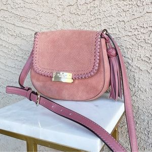KATE SPADE Blush Rose Pink Mauve Leather Stitched Tassel Crossbody Bag Saddlebag